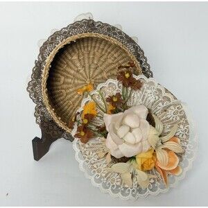 Vintage Floral Lace Basket With Lid Cottagecore Shabby Chic Decor 6”